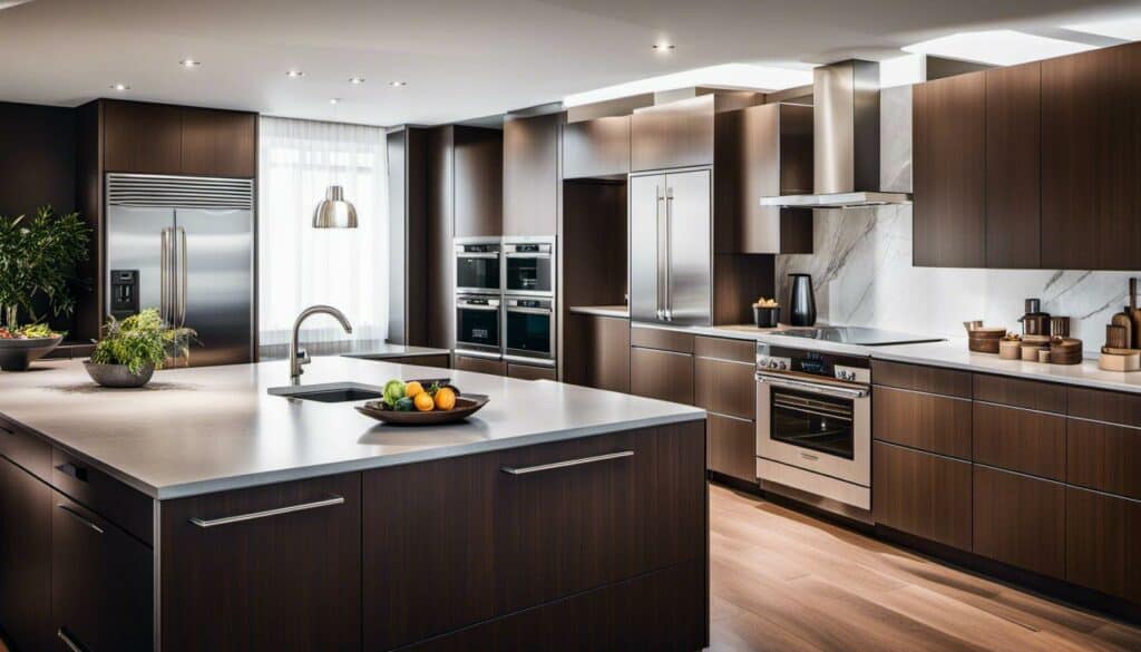 A modern kitchen with stainless steel appliances and brown cabinets.