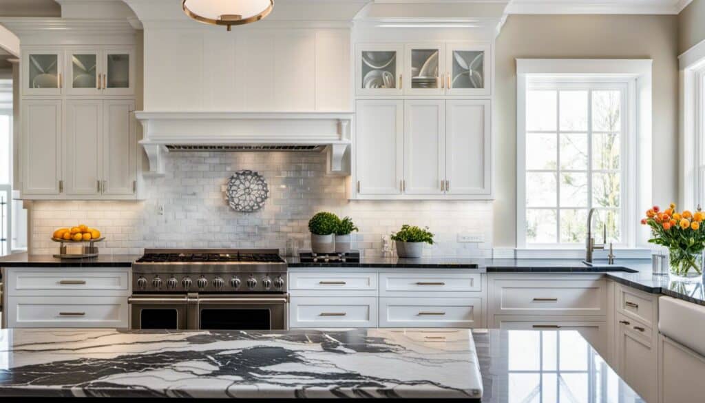 A kitchen with timeless white cabinets and marble counter tops.