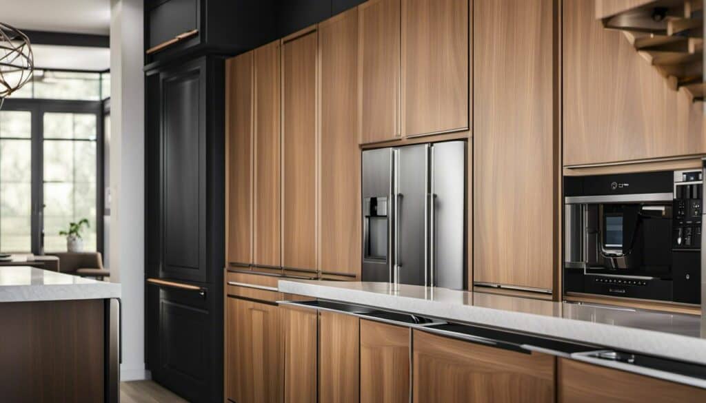 A modern kitchen with wood cabinets.