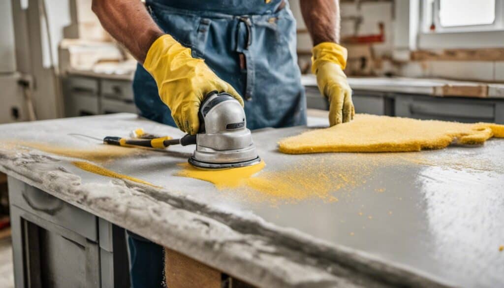 A man is sanding a quartz countertop with a sander.