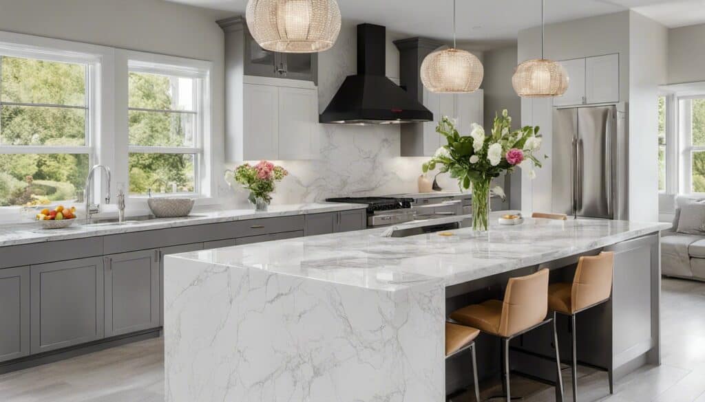 A kitchen with new countertops and old cabinets.