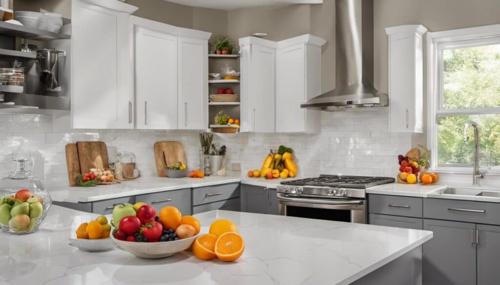 A kitchen with white cabinets and vintage countertops.