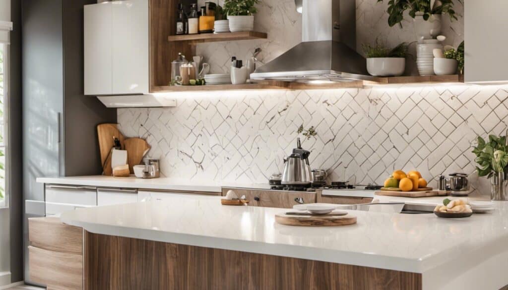 A modern kitchen with white cabinets and wooden counter tops in a mobile home.