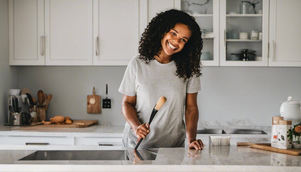 A black woman is standing in the kitchen with a spatula, showcasing a countertop transformation.