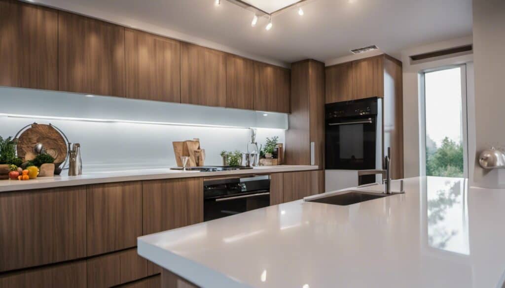 A modern kitchen with mobile home countertops.