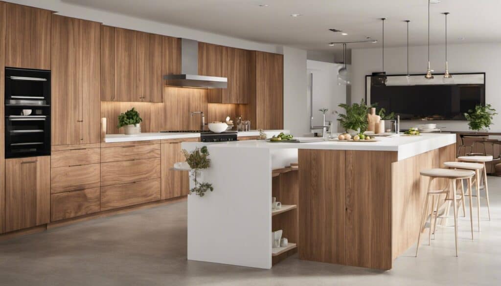 A modern kitchen with wooden cabinets and white counter tops.