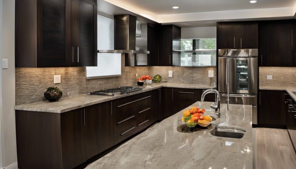 A modern kitchen with old cabinets and new countertops.