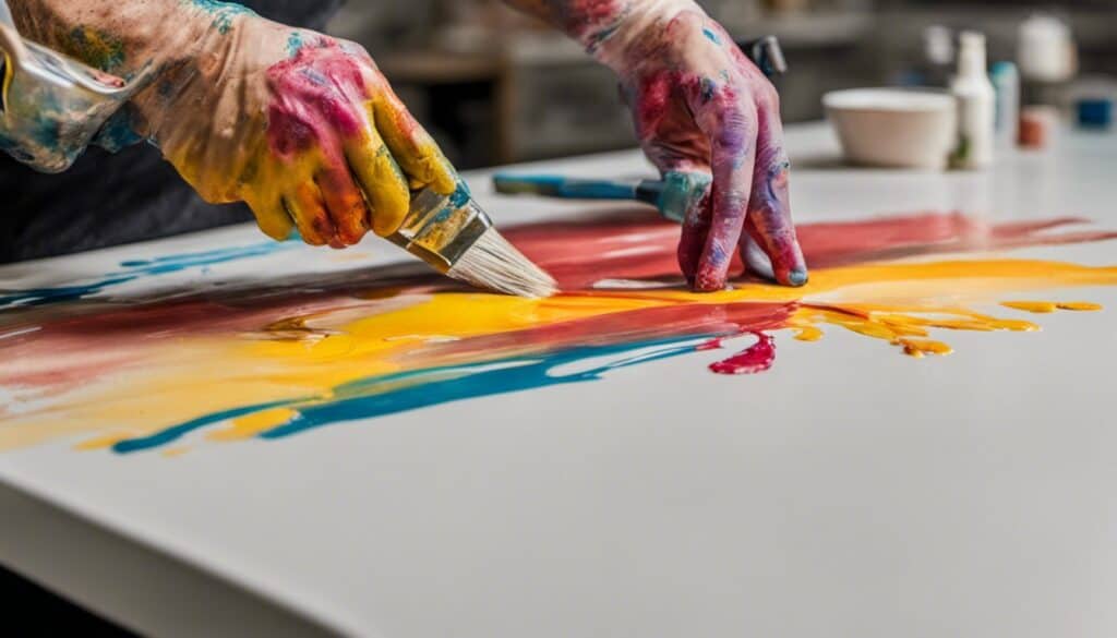 A person spray paints countertops.