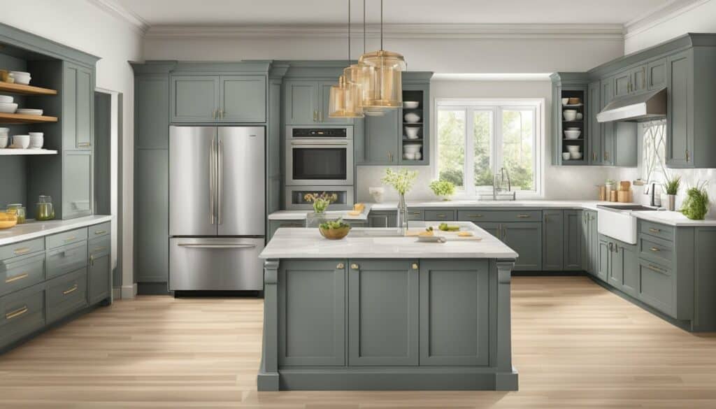 A kitchen with gray cabinets and stainless steel appliances.