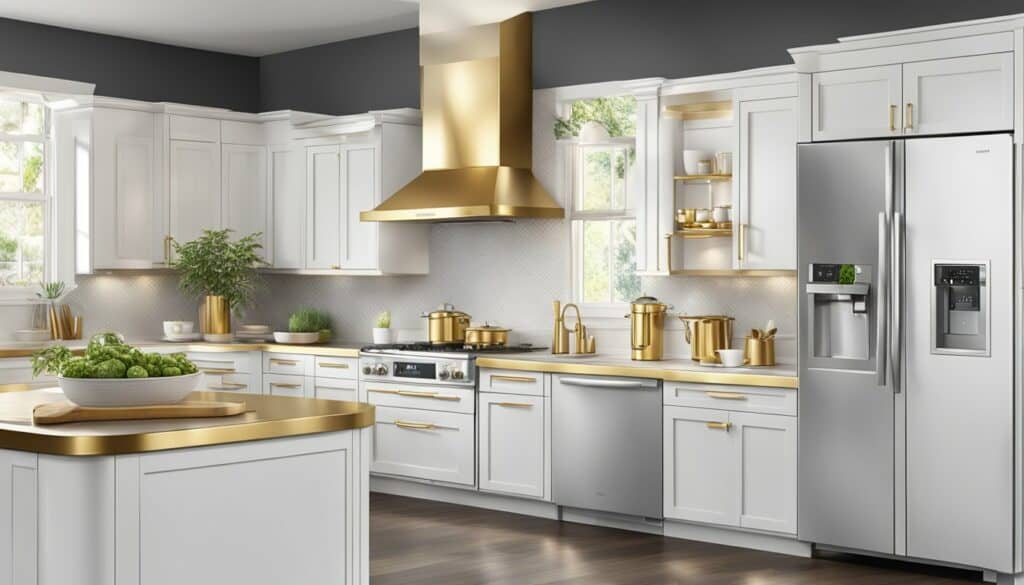 A kitchen with white cabinets and gold accents.