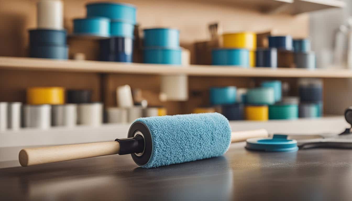 A blue paint roller sits on a table in a workshop, surrounded by white and gold kitchen appliances.