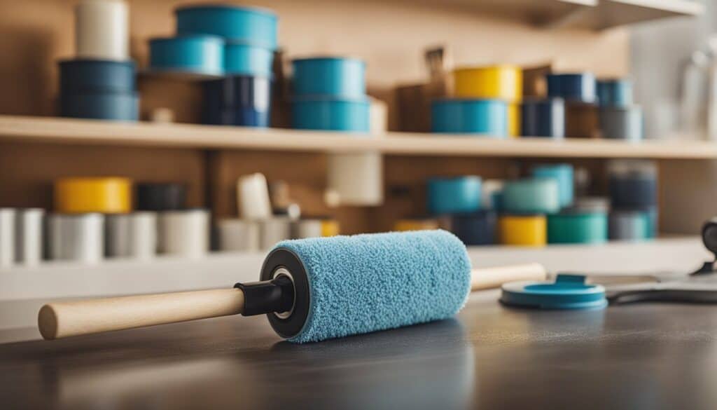 A blue paint roller sits on a table in a workshop.