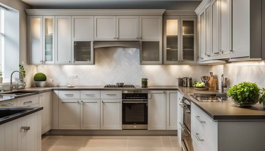 A kitchen with white cabinets and stainless steel appliances.